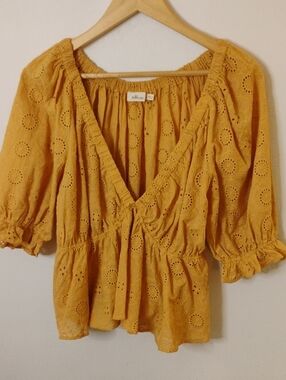 Millibon Mustard Eyelet V-Neck Peplum Top